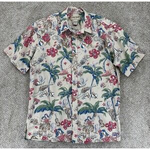 Cooke Street Honolulu Aloha Shirt Mens M Beige Red Green Ukulele Hula Girl Palms